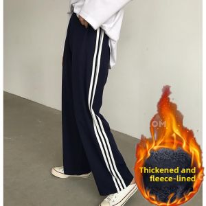 Thickened Fleece Sports Pants Womens Casual Straight Leg Stripe Trousers High Waist Long Pants Korean Style Commute Fashion
