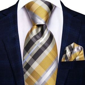 VerveRow Yellow Plaid Tie And Pocket Square Set Formal Business Wedding Outfit Soft Woven Fabric Elegant Men Accessory 2 Pieces