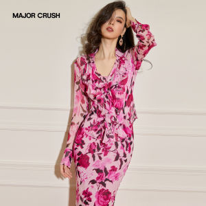 Slim Waist Enhancing Fish Tail Dress with Pink Flower Print