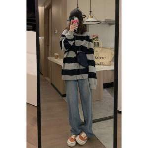 Retro Striped Sweatshirt Womens Thin Loose Long Sleeve round Neck Overhead Top Trendy Autumn Wear Comfortable Princess Sleeve