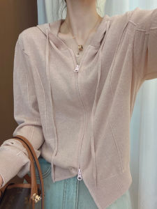 Summer Thin Ice Silk Long Sleeve Knitted Hat Womens Spring Autumn Loose Top Sun Protection Open Cardigan Outerwear Sweet Style