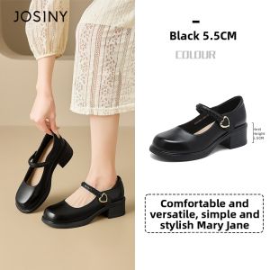 Josiny | Black Retro Style Mary Jane Mid Heel Shoes