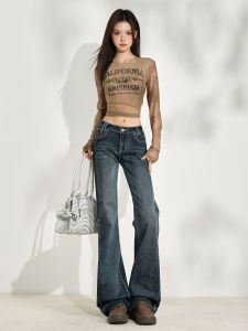 American Deep Blue Low Waist Bell Bottom Jeans Womens New Style Spicy Elastic Slimming Floor Length Pants Casual Style