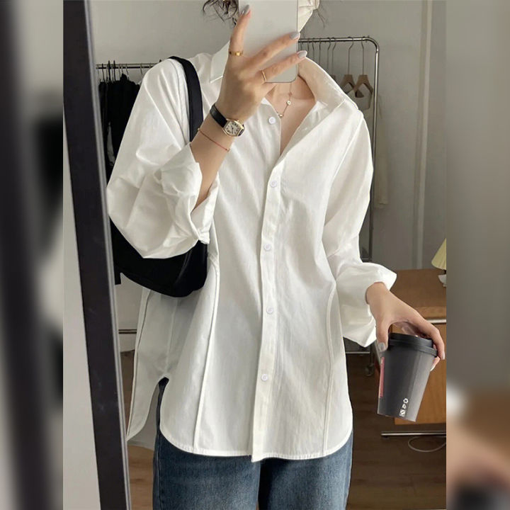White Cotton Shirt Women Korean Style Loose Long Sleeve All Match ...