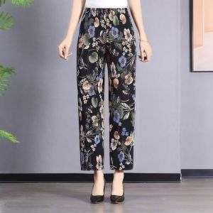 Summer Thin Ice Silk Ladies Pants Loose Wide Leg Casual Trousers Nine Points New Style for Middle-Aged And Elderly Women