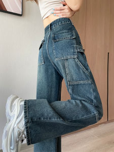 Retro Workwear Denim Pants Womens Loose Wide Leg Multiple Pockets American High Street Style Summer New Arrivals
