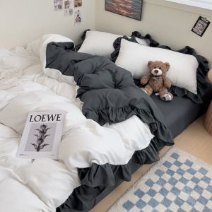 Korean Princess Style Black and White Mixed Lace Bed Four-Piece Set Minimalist Pure Color Bed Sheets Quilt Cover Student Dormitory Bedding