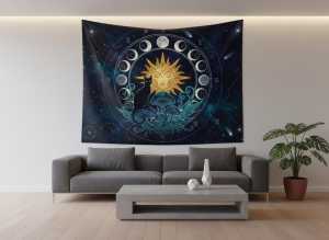 VIKAMA Moon Phase Black Cat Mushroom Tapestry Mysterious Witch Wind Background Cloth Starry Sky Constellation Room Decoration