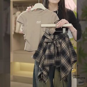 Girls Summer Plaid Skirt Set Korean Style Two-Piece Outfit Cotton round Neck Short Sleeve round Neck Pullover for Young Girls