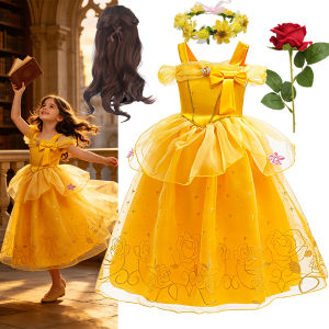 Belle Costume Girl Princess Yellow Dress Up Set Sleeveless Long Dress Crown Wand Gloves Earrings for Girls Halloween Birthday