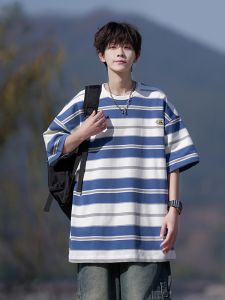 HetingHOME | เสื้อยืดแขนสั้นลายทาง Hetinghome สำหรับผู้ชายและผู้หญิง ทรงหลวม สวมใส่สบาย แฟชั่นฤดูร้อน สำหรับคู่รัก