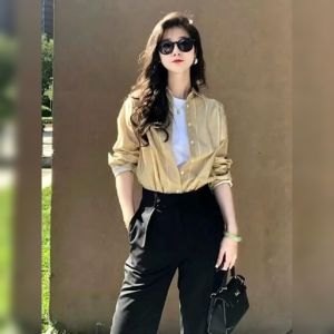 YUFUQING | Yellow Striped Long Sleeve Shirt Womens Loose Fit Vintage Style Early Autumn New Arrival Slimming Versatile Top