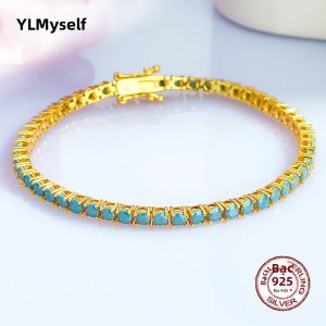 Vòng Tay Tennis Bạc 925 Mạ Vàng/rhodium YLMyself Đá Turquoise 3mm Kiểu Dây Xích & Mắt Xích Trang Sức Nữ Quà Tặng Cưới