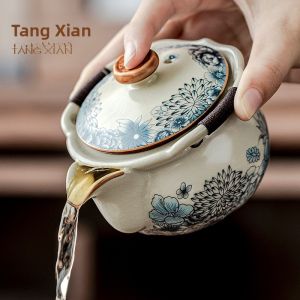 High-End Blue-and-White Ru Ceramics Tea Set with Lid Bowl for Gongfu Tea Brewing Anti-Scalding Handheld Tea Pot Home Use
