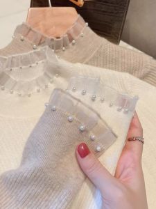 French Lace Semi-High Collar Long Sleeve Pearl Decorated Style Sweater for Autumn Winter