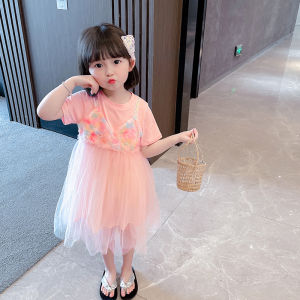 Princess Style Girls Dress Summer New Fashion Mesh Splice Short Sleeve Baby Cute Midi Skirt Cotton Blend Fabric Daily Wear