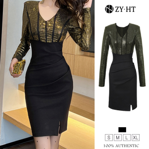 ZYHT EraVogue Womens Dresses Black Dresses Long Sleeve Dresses V-Neck Dresses Sequin Dresses Hiso Dresses Vintage Dresses Wedding Dresses Party Dresses French Dresses 50656