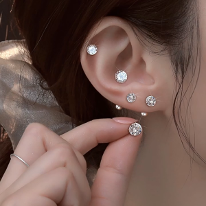 [Ready Stock - SG] Cartilage Stud Earrings Crystal Clear Gem Silver Ball Back Tragus Helix Piercing