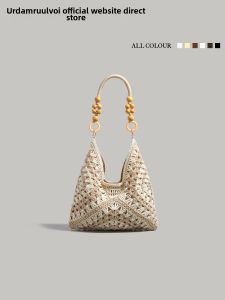 URCDN RDALVO | French Wooden Bead Woven Large Capacity Straw Tote Bag