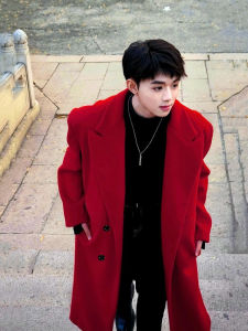 Lucky Year Wine Red Woolen Mens Coat Spring Autumn Double Breasted Mid-Length Windbreaker Outerwear New Years Greetings