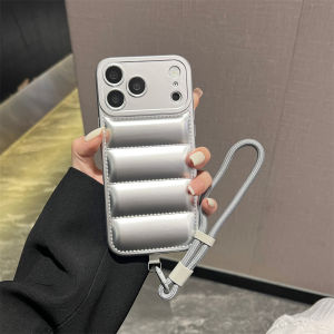 Soft Down Jacket Silicone Case For iPhone 17 16 15 14 13 12 11 Pro Max Plus Air Shockproof Camera Protection Wrist Strap Cover