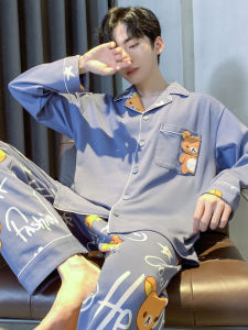 Mens Pure ผ้าฝ้าย Long Sleeve ชุดนอน Set ฤดูใบไม้ผลิ ฤดูใบไม้ร่วง Home Clothes Youth นักเรียน การ์ตูน Print Comfortable Pajamas
