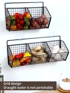 Kitchen Organizer Rack Wall Mounted Spice Storage Holder Fruit Basket Hanging Vegetable Shelf Racks