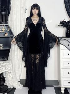 Wannathis Gothic Bat Sleeve Cosplay Dress Halloween Witch Long Lace Skirt Womens Halloween Costume Dark Fantasy Dress