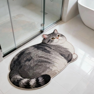 VIKAMA 3D Cat-shaped Exotic Carpet Anti-slip Water-absorbing Bathroom Floor Mat Childrens Bedroom Side Rug Home Decoration