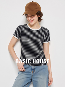 Basic House | Slim Fitting Striped Pure Cotton T-shirt for Summer