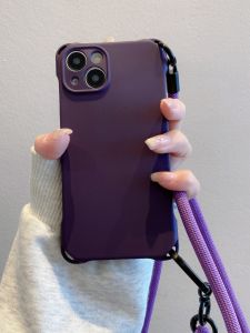 Transparent Purple Phone Case for Apple 15Promax New iPhone 16Promax Crossbody Hanging Rope Full Cover Side Lens Protection Pure Color