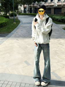 Light Blue Lightning Pattern Mens Jeans Flared Straight Leg mid Waist Youthful Style Wear Resistant Loose Fit Autumn Wear