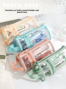 Transparent Mesh Pen Holder Large Capacity Stationery Bag Handheld Simple Design Pure Color Student Special Use PVC Material