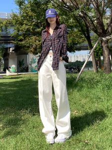 Slimming High Waist Wide Leg Straight Cut Floor-Length Womens White Jeans Casual Style High Waist Long Pants Wear Resistant