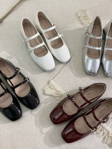 Red Mary Jane Fashion Single Shoes for Women Spring Autumn Thick Heel Black Style Korean Version Daily Wear PU Leather