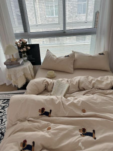 Cute Cartoon Dog Towel Embroidered Washed Cotton Bedding Set Soft Ins Style Four-Piece Three-Piece Dormitory Bedding Set