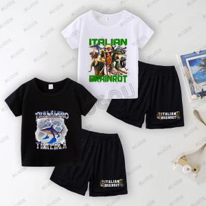 Italian Brainrot Tralalero Tralala Funny Shark Meme Graphic Cotton T-shirt+Shorts Suit Summer Casual Kids Clothes 2 Piece Set