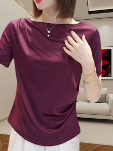 Luxurious Summer Thin Breathable Solid Color Short Sleeve T-shirt Fashionable One-Shoulder Loose Slimming Top for Women