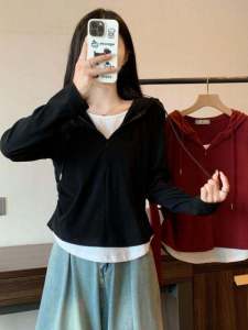 plus Size Womens Hoodie Long Sleeve Casual Top Inner Wear Autumn Winter Fashion Korean Style Anti-Aging Patchwork Design