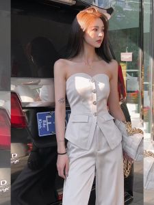 GOUWU | Bộ Quần Dài và Áo CROP TOP Trắng Đẹp Ngọt Ngào và Cay