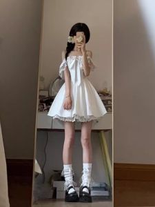 Sweet Waist Cinched Puffy One Shoulder Dress Gentle Style Summer Collection Womens Fashion Mini Dress Lace Material A-Line Skirt