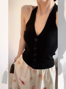 PEIXI | French Style Black V-Neck Halterneck Ice Silk Knit Tank Top