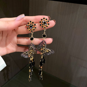 Elegant Butterfly Knot Tassel Earrings Womens Fashion Trend Fresh out Alloy Embedded Artificial Gemstone Fresh Summer Collection