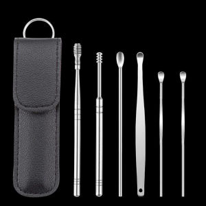 Stainless Steel Ear Pick Cleaning Kit Portable Leather Case Ear Wax Removal Tools Set Keychain Ear Spoon Cleaner