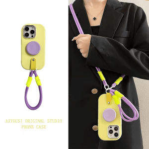 Sup&LV | Anti-Shock Protection Case for iPhone 15 Liquid Silicone with Creative Stand and Shoulder Strap