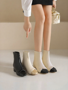 Josiny | Pointed Toe Short French Boots Coarse Heel White
