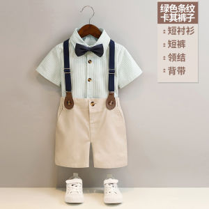 Childrens Spring Summer Short Sleeve Suit Shirt And Overalls Host Performance Outfit Cotton 100% British Style Striped