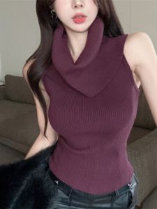 ทันสมัย แขนกุด ปกตั้ง ถัก เสื้อกั๊ก ผู้หญิง สวมใส่ด้านใน รัดรูป Fit ฤดูใบไม้ร่วง ฤดูหนาว ชั้นฐาน หลากหลาย เสื้อย้อมด้วยเส้นด้าย