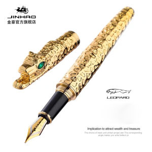 1pc Luxury Leopard Jinhao Fountain Pen - Metallic Golden & Black Leopard Head Design 0.7mm Medium Nib Twist Closure Heavy Dut