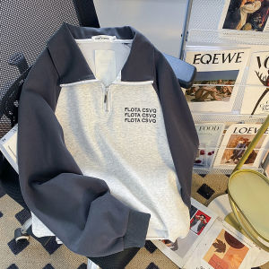Embroidered Letter Polo Neck Half Zip Shoulder Sleeve Patchwork Sweatshirt Womens Autumn College Style Loose Top plus Size